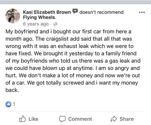 Please read all the horror stories from all these customers who have been ripped off and put in danger because of his broken unsafe vehicles