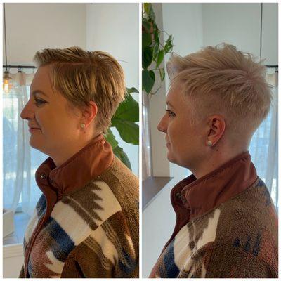 Before and after bleach and tone with haircut by Laura Dee- text (714)906-0079 to book