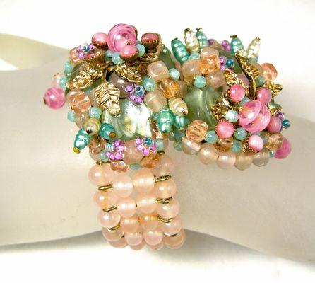 Vintage Rare Early Miriam Haskell Pink Pastel Glass Floral Wrap Bracelet