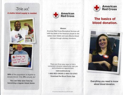 This is the front side of the Blood Donations brochure.  Photo taken January 30, 2023.