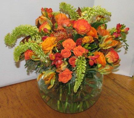 Oranges roses, Eremurus, Orange and Green Parrot Tulips