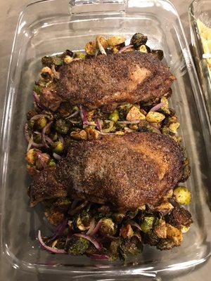 Garlic-crusted bison ribeye with roasted brussel sprouts and dill potatoes.