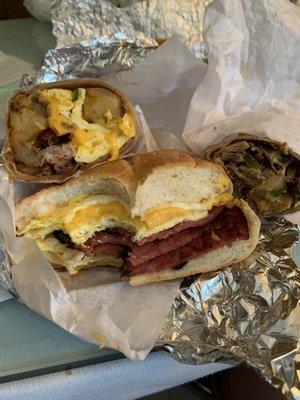 Nino wrap, pastrami egg and cheese, and Philly steak wrap