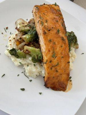 Salmon over Brussels & Potato Mash