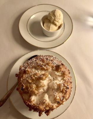 Seasonal apple soufflé with vanilla ice cream