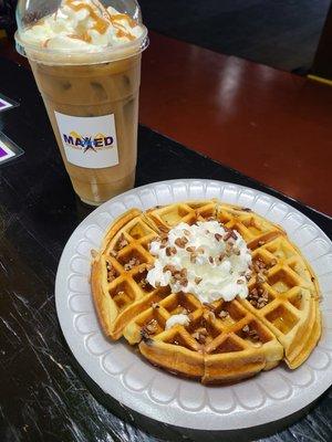 Iced coffee and protein waffle