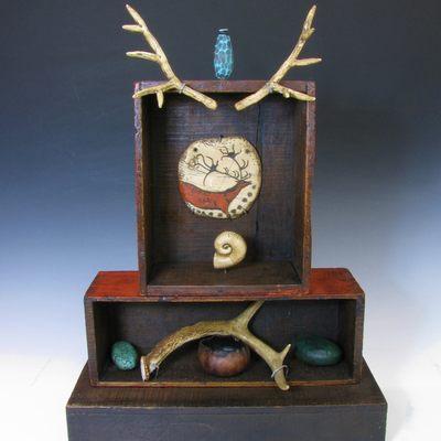 Red Deer Shrine with handmade artifacts and antique/vintage wood boxes