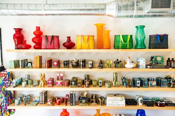 View of the apothecary wall at the Lewisburg Surf Shop.