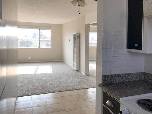 View from kitchen toward living room and bedroom