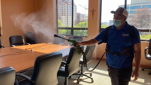 Atlas recommends using Electrostatic Spraying to prevent the spread of COVID-19.