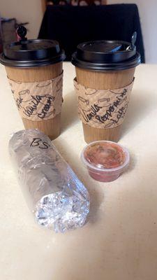 2 lattes and breakfast burrito