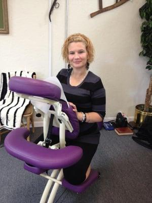 Carla B. says " So Relaxing" after her 5 minute seated chair massage at the Flea Market Fall Fair this afternoon.