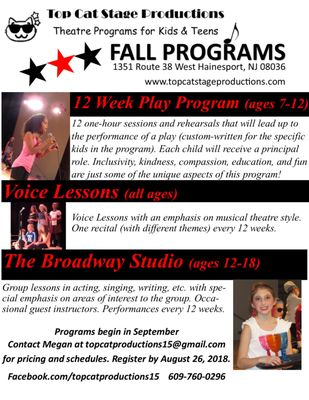 Email topcatproductions15@gmail.com to sign up for one of our fall programs!