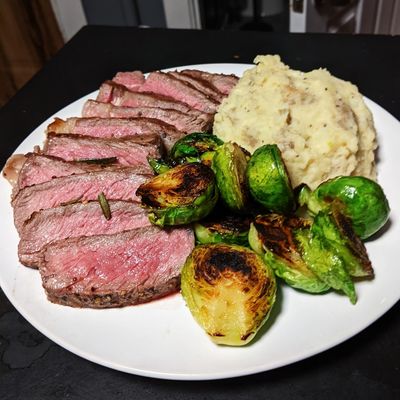 Steak, potatoes, brussel sprouts