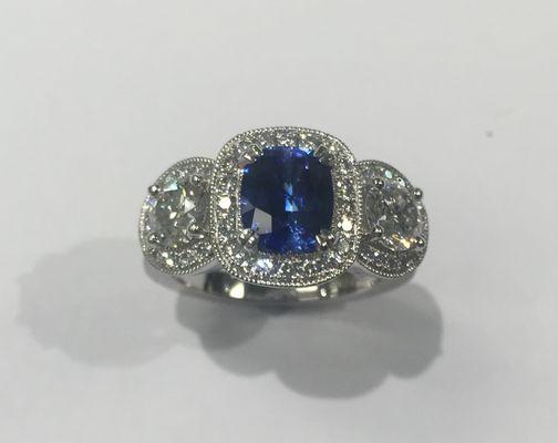 Sapphire and Diamond Halo Ring in Platinum