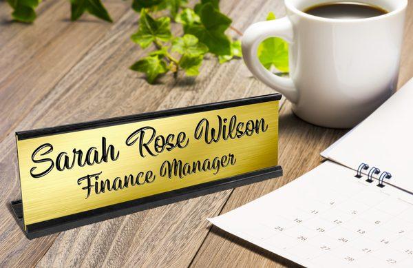 Custom Engraved Text Desk Name Plate Sign - Acrylic Insert + Metallic Holder