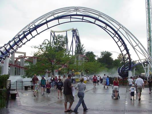 It's pretty cool how the inversions twist over the midway (Iron Dragon in the misty background)