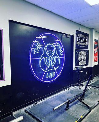 The Chaos Lab sign and deadlift platform