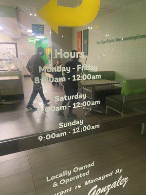 Closed at 11:20pm see times listed on the door