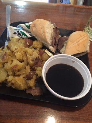 Thursday french dip sandwich with tators.