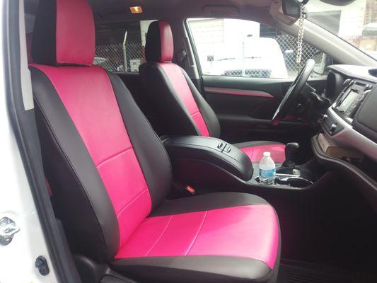 Two toned custom made seat cover in colors Pink and black !! #Fivestarupholstery #upholstery #seatcovers #custommade #carinterior