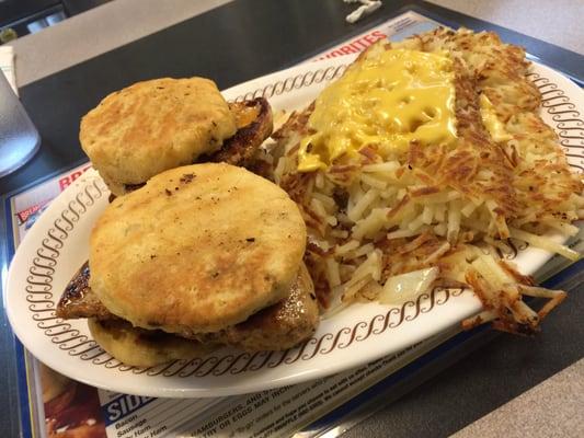 Jalapeño chicken biscuit and hash browns