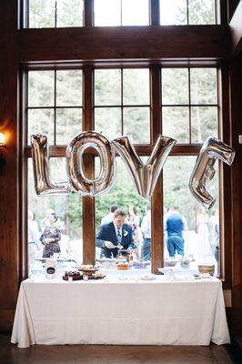 Dessert table inside, charcuterie table outside