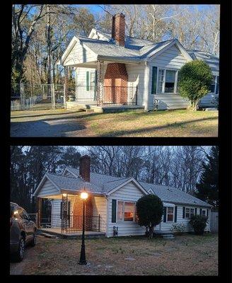 Before and after pic of when I installed front yard lamp post.