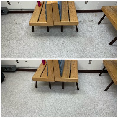 Despite the presence of heavy grease and grime on the flooring, they were readily cleaned away with a simple cleaning solution.