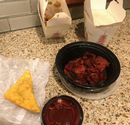 Boneless spareribs Rangoon's dip and rice