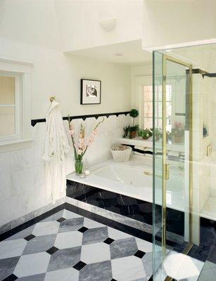 Bathroom with black and white tile