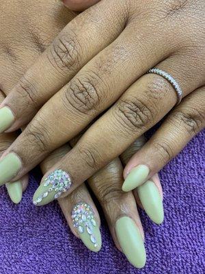 Hard gel nails with gel matte topcoat and crystals