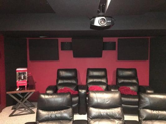 Rear view; featuring Surround Speakers by B&W, Sony Projector, and acoustic panels.