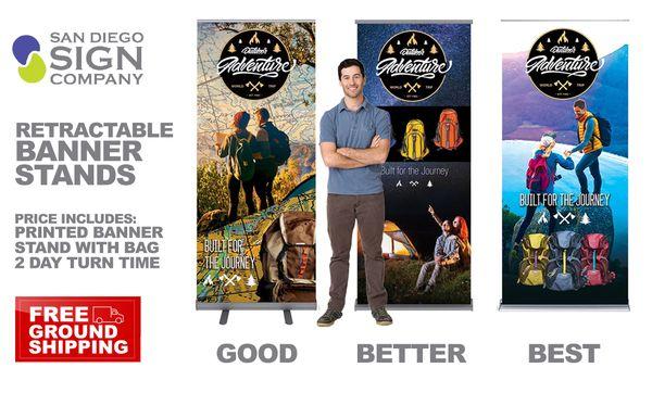 Check out our retractable banner stands. Good, Better & Best stands includes Free Ground Shipping.