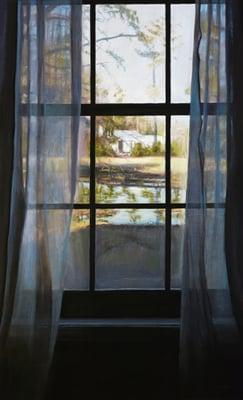 Curtained Reflection, pastel on panel