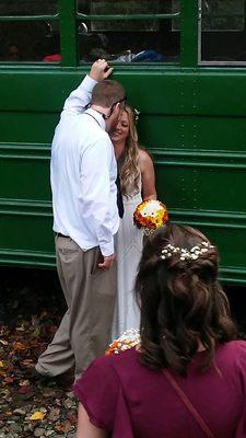 Bride & Groom 1st look. Location is at 1 of the 2 Renovated Bus's