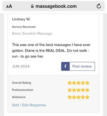 Client review via MassageBook.com May 2024