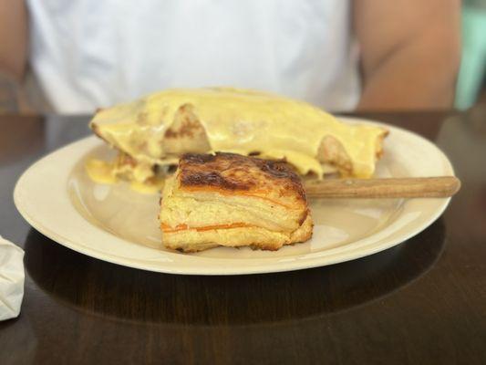 Savory crape with hollandaise sauce and pave potatoes