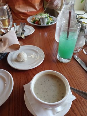 The mushroom bisque soup was the best tasting soup, the salad and house dressing was delicious. The sweet rolls,  excellent.