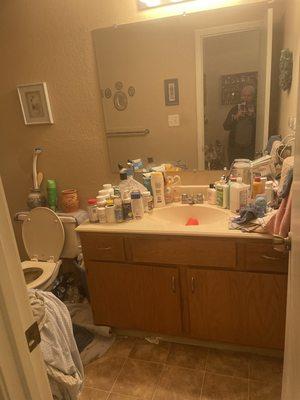 Cluttered bathroom in need of the Swoosh Clean touch.