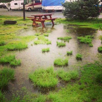 The tent camping area is less-than-ideal in the rain.