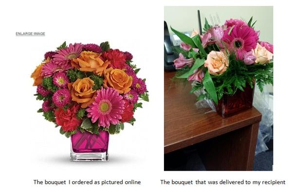 The bouquet as it was pictured online, and the bouquet that was delivered to my recipient