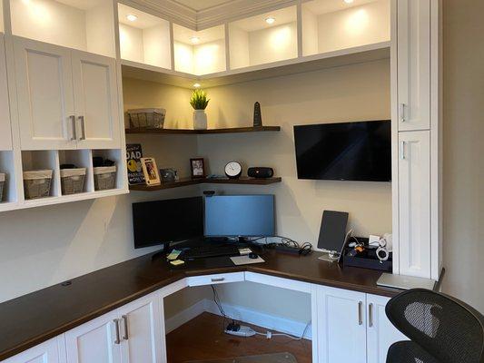 Marlton, NJ Custom built-in home office made with maple wood, painted in white with walnut stained desktop.