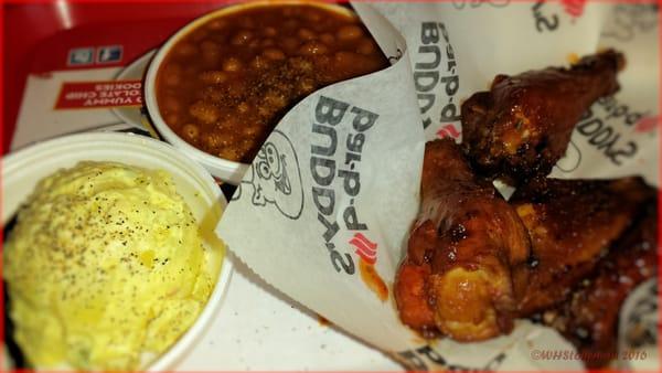 Chicken Wings with Mild Sauce, Tater Salad and Beans