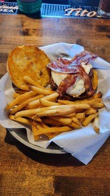 Hashbrown Burger with egg and fries