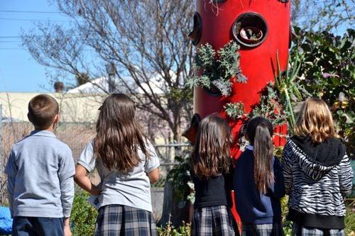 Kids at ELSEE learning about the Food Towers in the garden.