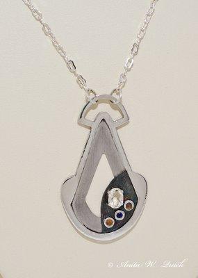 Sterling Art Deco, Patina, Diamond Bit Etched, Blue Sapphire & Yellow Labradorian Faceted Gem Pendant. Dimensions: Silver filled chain, 18"