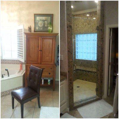 Before and after of corner tub being turned into large walk-in shower