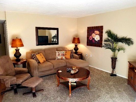 Sunny living rooms. This photo is in our 1 furnished short term 1bdrm. Tan walls, white accents. Carpet upstairs, faux wood downstairs.