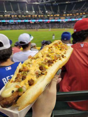 Diamondbacks Hot Dog (hatch green chile queso, chorizo, fire-roasted corn, pico de gallo, and "venom sauce.").